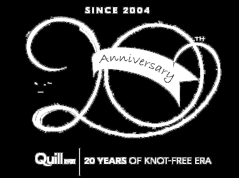 Quill logo celebrating 20 years of knot-free era since 2004, featuring intertwined design