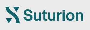Suturion logo featuring a stylized teal geometric symbol with the company name in sans-serif font